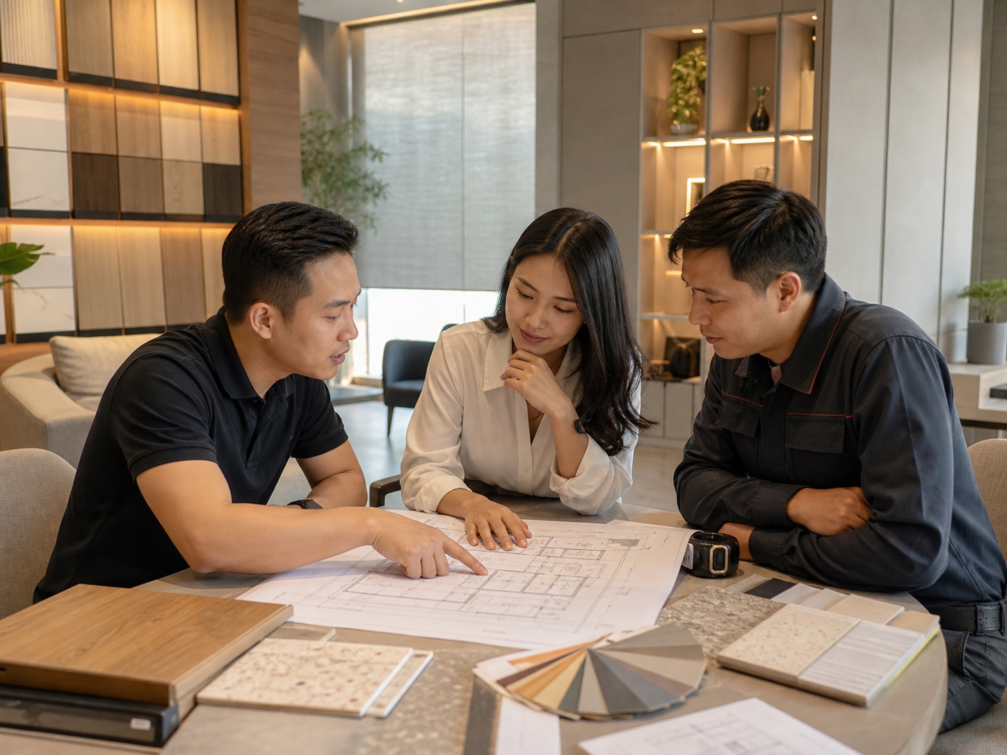 Nhà thiết kế và đội thi công Việt Nam xem bản vẽ cải tạo